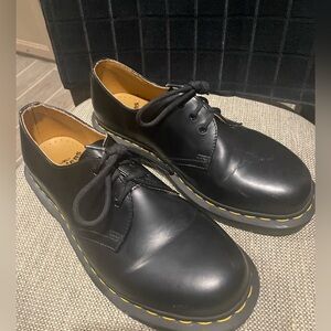 Dr. Martens Black Leather 3-Eye Derby Shoes with Yellow Stitching